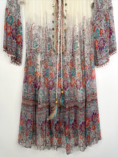 Rene Derhy Sheer Viscose Beaded Multicolor Beach Cover Up/Midi Dress Medium - Afbeelding 17 van 24
