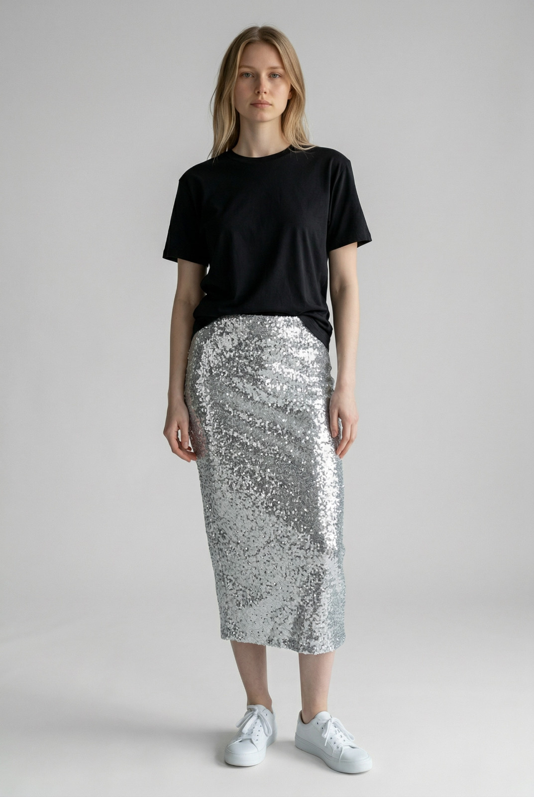 NEW Mango Silver Sequin Midi Skirt
