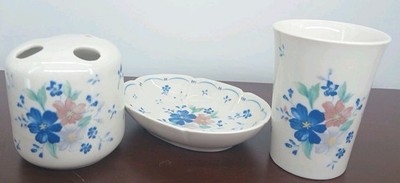 Trisa Fine Porcelain Toothbrush & Bar Soap Holder Flower Grandma Core 3 Pc Set