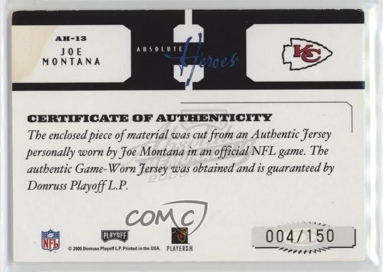 2005 Playoff Absolute Memorabilia Heroes Materials /150 Joe Montana #AH-13 HOF - Image 2 of 2