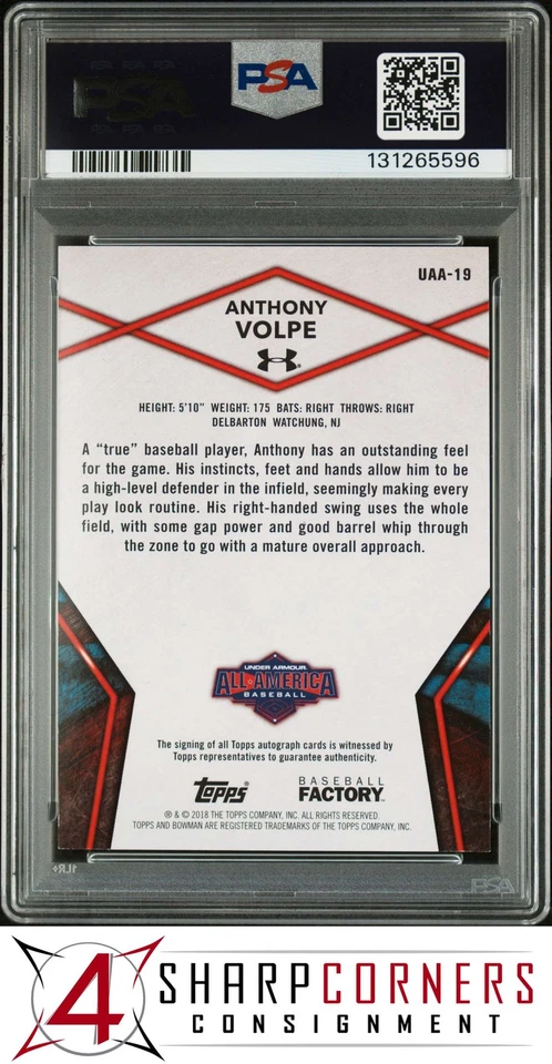2020 BOWMAN CHROME UNDER ARMOUR GAME AUTO ANTHONY VOLPE RC #/199 POP 4 PSA 7 - Image 2 of 4