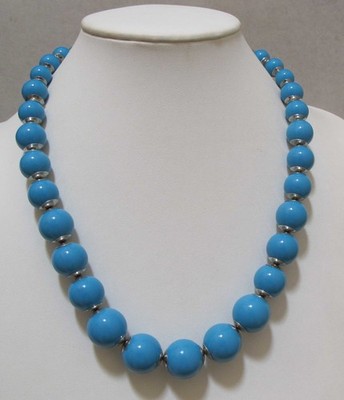 Graduated Bright Turquoise Blue Acrylic Beads Silver Tone Caps Necklace Max 22.5