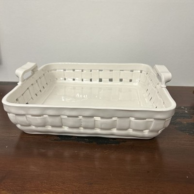 Williams Sonoma 10  Square Ceramic Basket Reticulated Woven Pattern - White Dish
