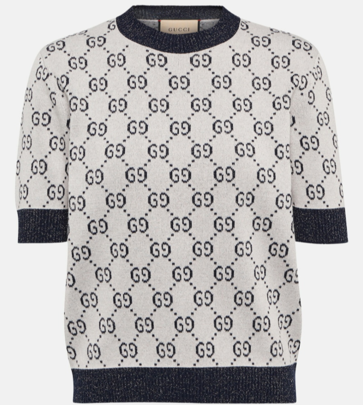 NWT GUCCI GG lame jacquard top short sleeve knit 692717 Ivory Gray