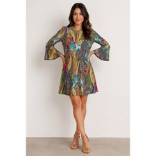 Tommy Hilfiger Petite 4P Multicolor Paisley Bell Sleeve Shift Dress Boho