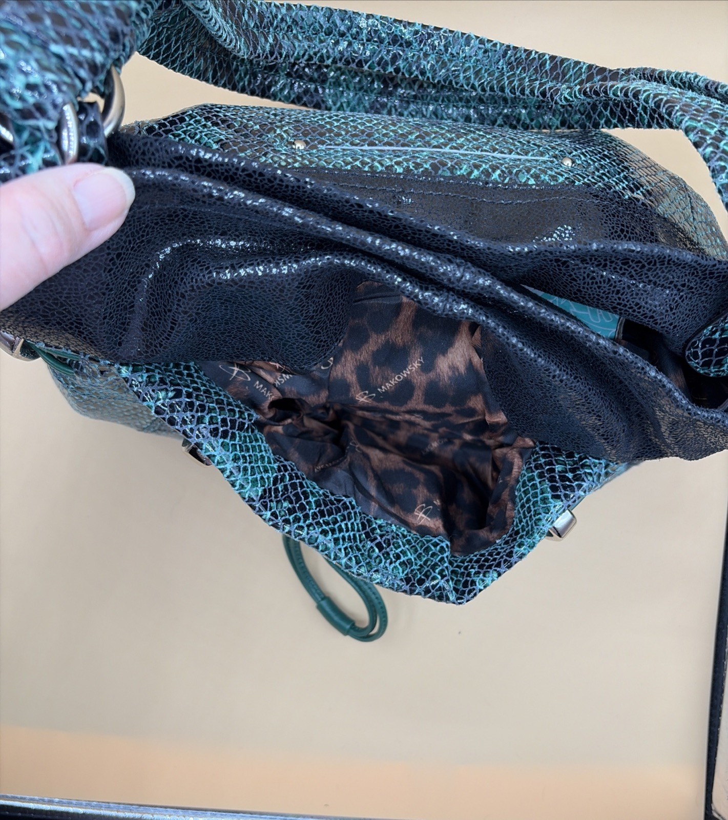 B Makowsky Green Python Print Leather Double Hand… - image 7