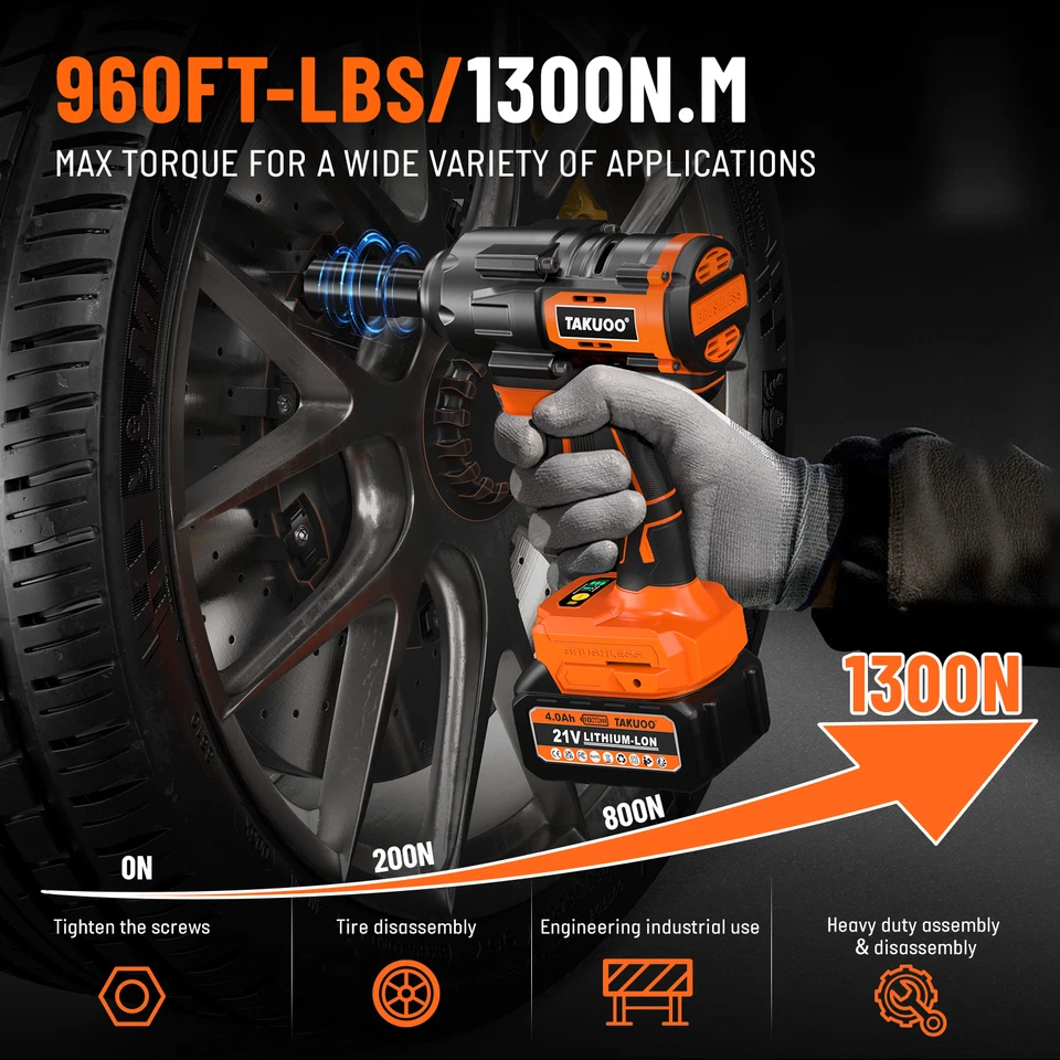 1300Nm Cordless Impact Wrench 960ft-lbs 1/2 Battery Impact Gun 2X 4.0Ah Battery - Image 2 of 4