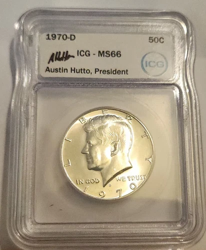 1970 D KENNEDY HALF DOLLAR ICG MS66 NEW ICG AUSTIN HUTTO SIGNED