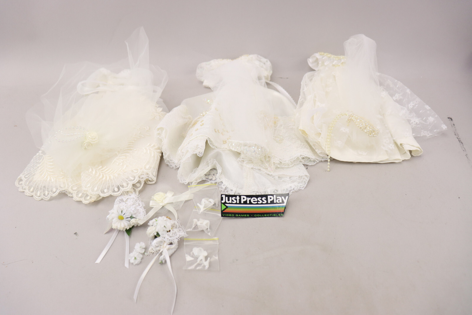 Vintage Handmade Barbie Wedding Dress Flowers Shoe Veil Lot 11" Lace Embroidery