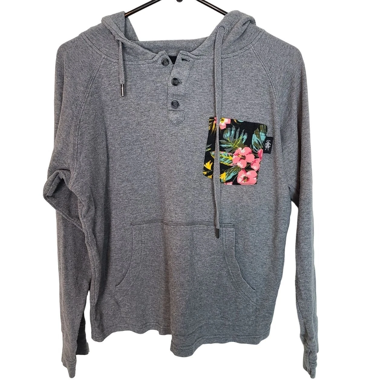 SAGA Womens S Gray Floral Pocket Long Sleeves Henley Hoodie Sweatshirt Pockets