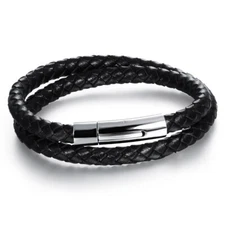 Mens Double-layer Stainless Steel Clasp Black Braided Leather Cord Bracelet Wrap