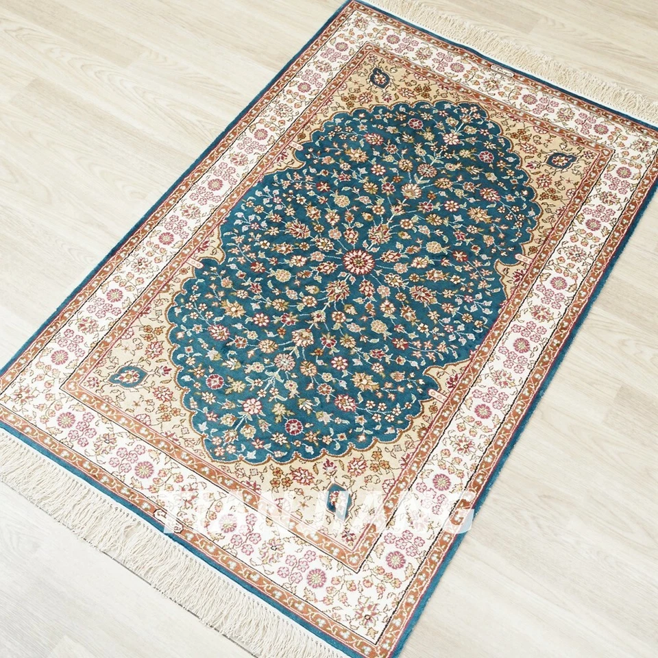 2.5x4ft Blue Handwoven Silk Carpet Home Decor Indoor Leaf Pattern Rug HF190B - Image 3 of 4