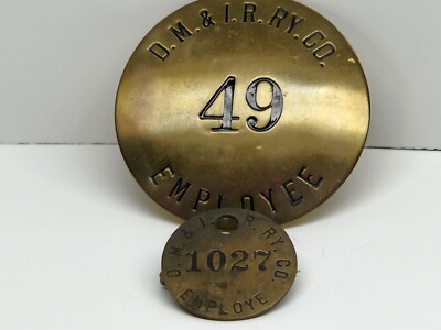 2 Vintage Obsolete D.M. & I.R. RY. Co. Employee Badges