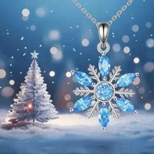 Fashion Blue Snowflake Necklace Pendant Cubic zirconia Christmas Gift Women
