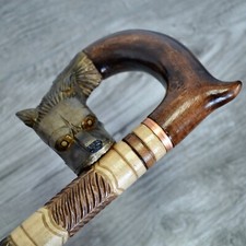 Cane Walking Stick Wooden carved Handmade - Wolf brown
