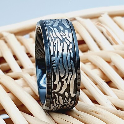 Black IP Ring with Laser Carve Rock Art Pattern Tungsten Ring Black Wedding Band