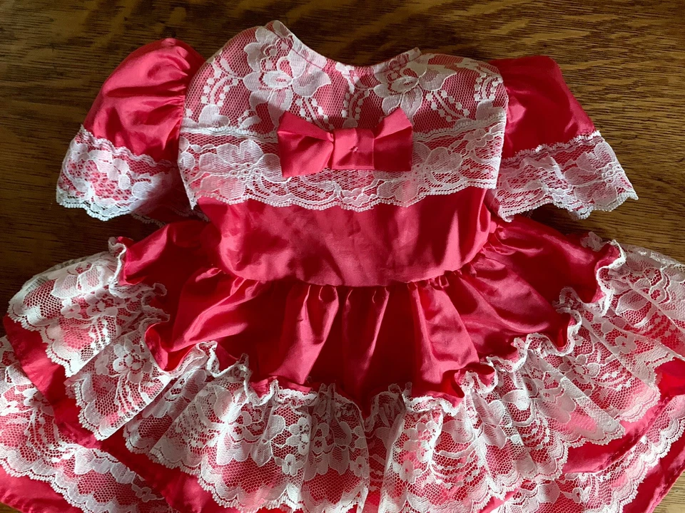 Vestido De Colección Jill Lynn 12M Rosa Caliente Volantes Falda Completa Volantes Encaje Mangas Acampanadas Foto 2 de 4