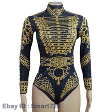 Sparkly Gold Black Rhinestones Leotard Dance Costume Show Stage Wear Outfit