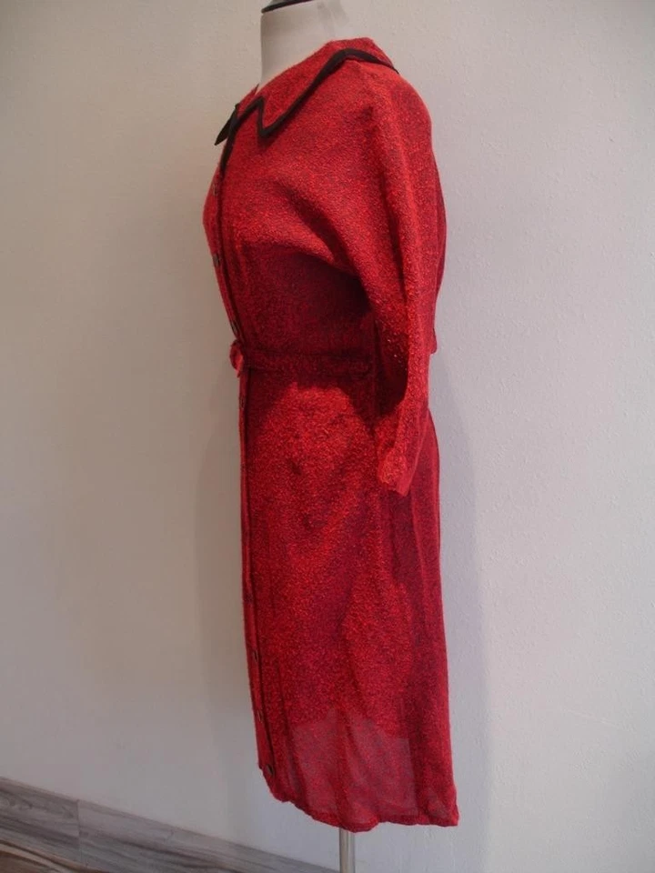 Женщин M винтажный 1920-х красный черный Nubby Tweed платье подпоясанный воротник на пуговицах оригинал - Изображение 2 из 4