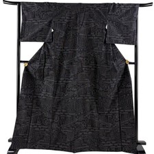 Kimono Tsumugi Silk Black M Traditional Japanese Vintage Elegant Womens