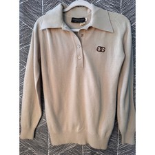 Vintage Givenchy Paris New York Collared Knit Sweater Beige Logo