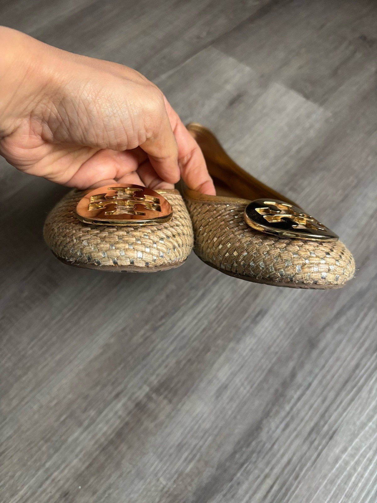 Tory Burch Reva Ballet Flats Woven Metallic Pewter S Logo Medallion Shoes size 8 thumbnail 5