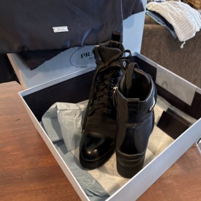 PRADA Black Nylon Combat Boots Lace Up Logo Zipper Women EU 39.5