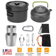 Camping Cookware Kit Frying Pan Pot Tea Kettle Cups Forks Spoon Set for Hiking