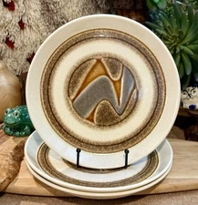 3 Vintage CROWN LYNN Earthstone Landscape DINNER Plates 1970’s New Zealand RARE!