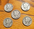 Mercury Dimes, Lot of 5, 1945, 90% Silver - Winged Liberty Head - Set B