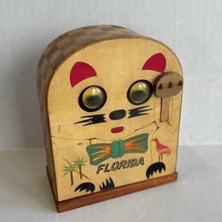 VTG Japanese Cat Wood Bank Coin Holder Vintage 5.5" Googly Eyes Florida Souvenir