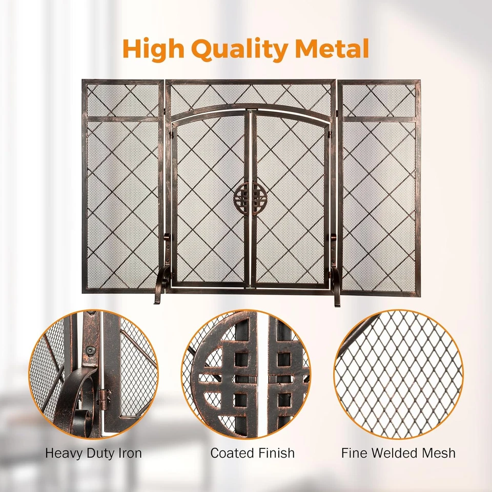 Tela de lareira 50 X 32 em bronze com porta, 3 painéis dobráveis decorativos Flat Co - Imagem 4 de 4