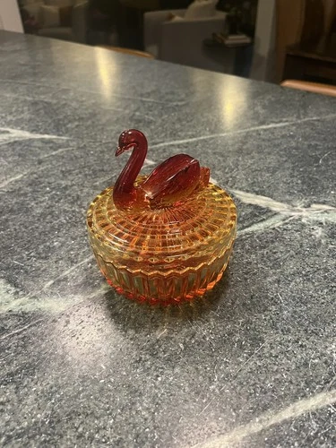 Vintage Jeanette Glass Amberina Glass Swan Candy Dish w/ Lid Ombre Red / Yellow