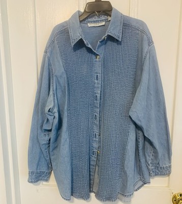 Vtg Victoria Jones Denim Button Down Top Plus Sz 20W Long Sleeve Western