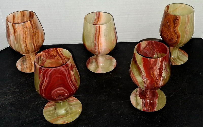 Vtg Alabaster Onyx Stemmed Natural Stone Wine Goblets 4 Oz Set Of 5 Polished 5"