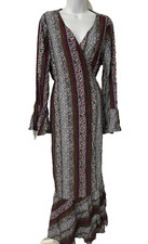 R. Vivimos Wrap Maxi Dress Sz L Purple Floral Long Bell Slvs Boho Ruffle Hem NWT