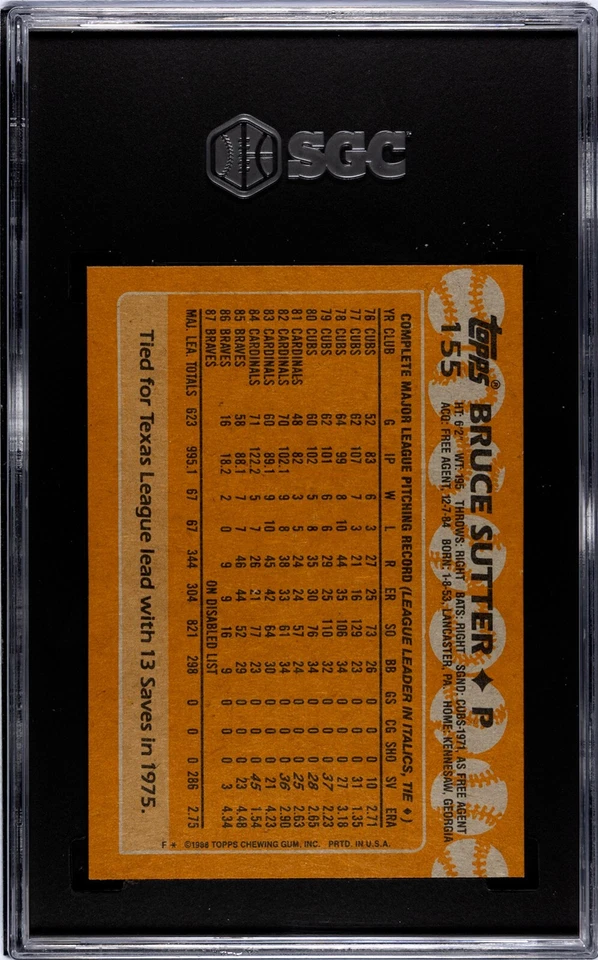 Rare Graded 1988 Topps #155 HOF Bruce Sutter Atlanta Braves SGC 9 - Image 2 of 2