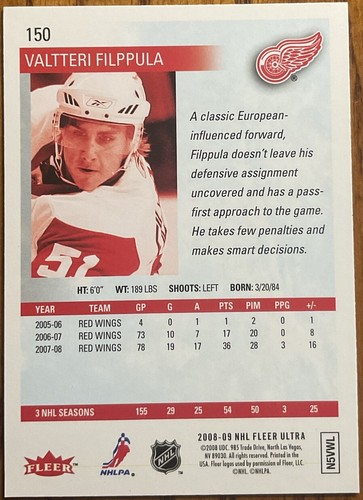 2008-09 Fleer Ultra Gold Medallion Valtteri Filppula #150 Detroit Red Wings - Picture 2 of 2