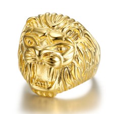 Gold Plated Lion Head Men's Ring Stainless Steel Vintage Hiphop Biker Leo Ring