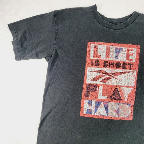 Vintage Reebok Life is Short Play Hard Single Stitch T-shirt Size XL Black - Picture 3 of 17