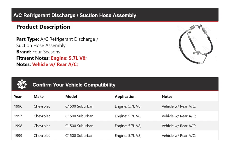 Шланг в сборе 4 сезона для Chevrolet C1500 Suburban 1996-99 годов выпуска разрядный/всасывающий - Изображение 2 из 4