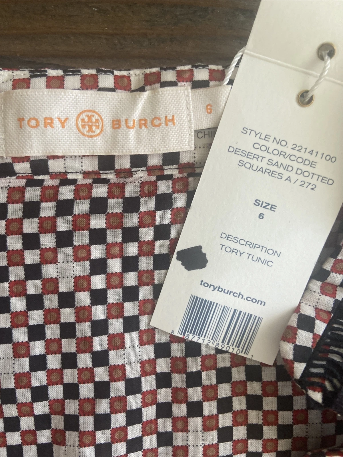 Tory Burch $295 Tory tunica manica lunga top 6 sei quadrati a pois sabbia deserto nuova con etichette