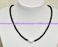 Faceted 3mm Bright Black Spinel Gems  9-10mm White Baroque Pearl Necklace 18''
