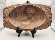 Bohemian Hand Carved Oval Wooden 10" Bowl Natural Wood Grain Pattern.
