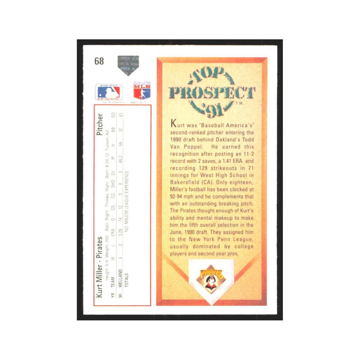 MILLER×Ameri BUISTIER SET TOP 1991 Upper Deck Kurt Miller Pirates #68 | eBay