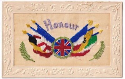 Erster Weltkrieg Seide gestickte Postkarte Ehre alliierte Flaggen Union Jack G.E. Paris 1914-18