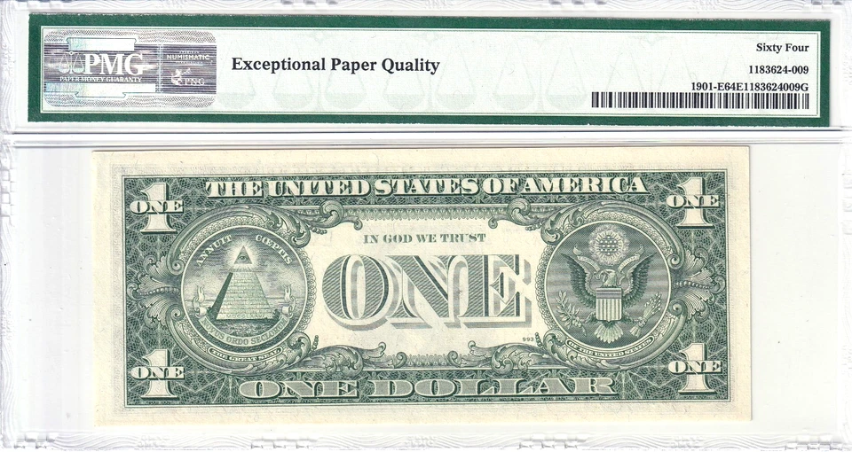 1963-A $1 FRN PMG Choice Unc 64EPQ Fancy TRUE 0/1 BINARY Serial #E00001101F - Image 2 of 2