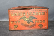 Vintage Union Leader Cut Plug Metal Container, 7 1/2" Wide, 4" Tall,  Empty.
