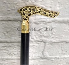 Victorian Handle Antique Walking Stick Black Wooden Brass Inlaid Cane Gift