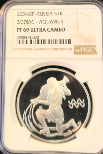 2004 RUSSIA SILVER 3 ROUBLES ZODIAC AQUARIUS NGC PF 69 ULTRA CAMEO SCARCE BEAUTY - Picture 4 of 4